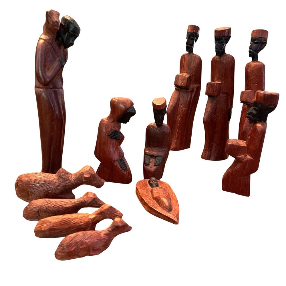 Hand Carved Wooden Nativity Tribal Set of 12 Jesus Mary Joseph Kings Christmas